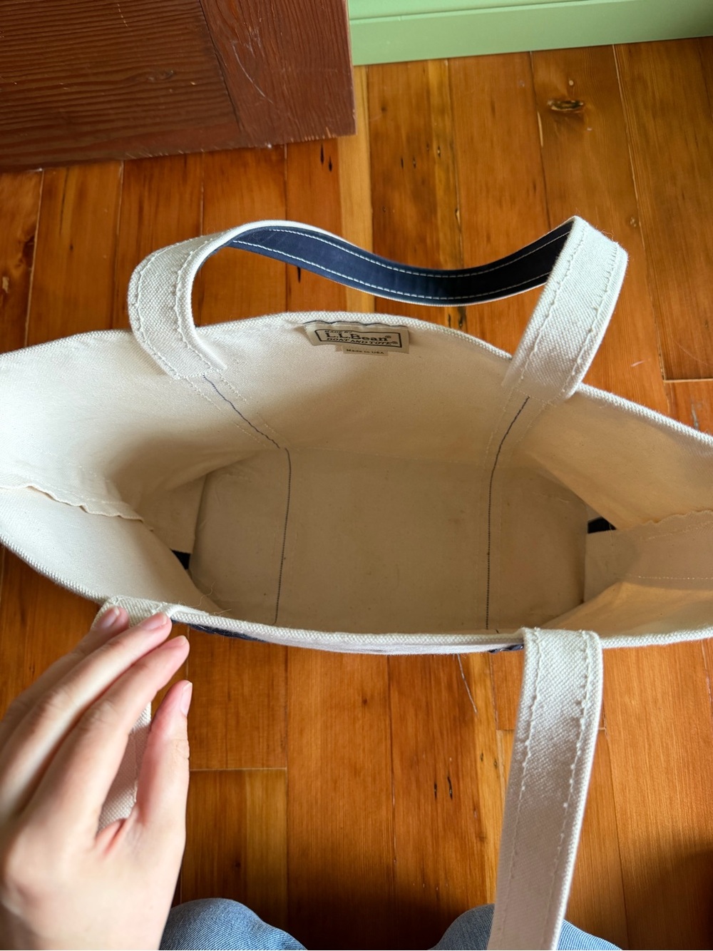 L.L. Bean Boat and Tote Canvas Tote in Cream and Navy Medium Size Long Handles - Picture 4 of 9